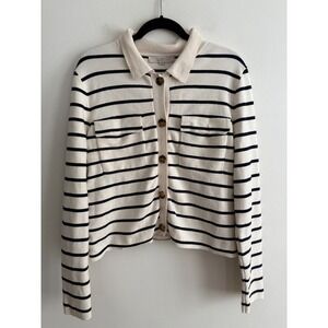 EUC Loft White Stripe Collared Sweater Jacket Women's Size Large Nautical Preppy